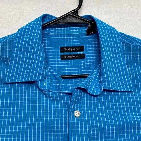 Van Heusen Shirt Men's Large Short Sleeve Classic Fit Button Down Blue Grid EUC - Picture 3 of 8